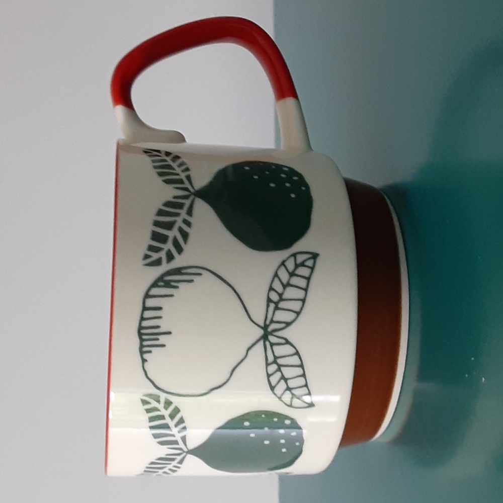 Stackable 8 oz Mug Red Rim Handle Green Fruit Brown Bottom Rim Stylized Design
